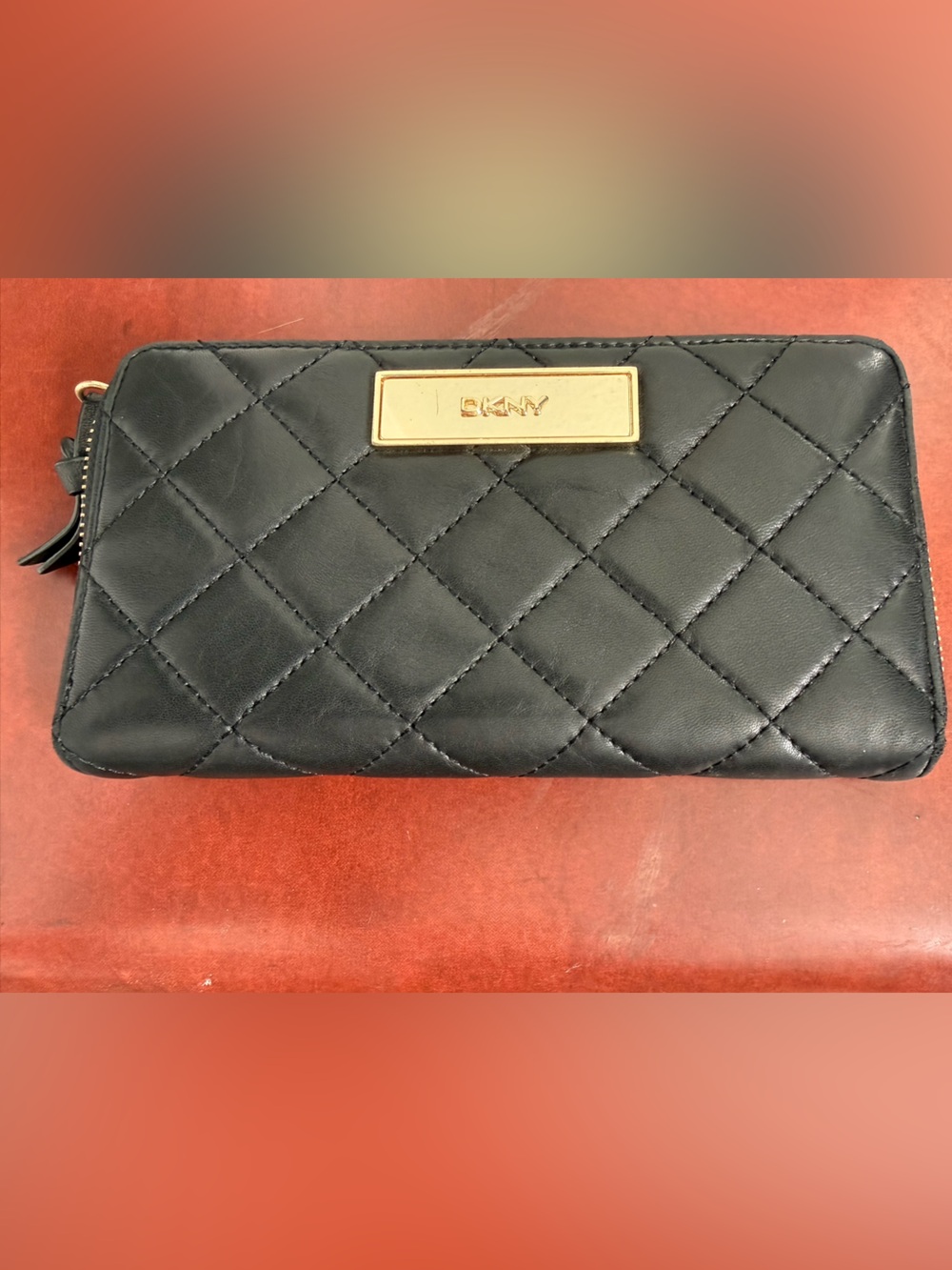 DKNY Black Quilted Zip Around Wallet Gold Tone Logo Continental Wallet